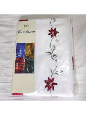 Christmas Tablecloth 85x60 Rectangle White Red Floral Embroidered Poinsetta NEW
